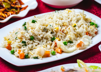 egg fried rice in a white plate