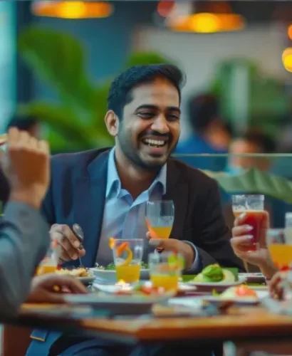 Colleagues' laughing and having dinner together